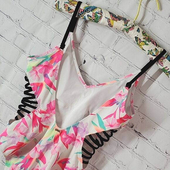 Victoria's Secret PINK Neon Pink Hibiscus Floral Print One Piece Swimsuit Size M - Picture 12 of 16